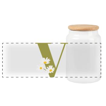 Buchstabe v grüne Gänseblümchen - Panorama Keksdose mit Holzdeckel - Weiß - Vorne