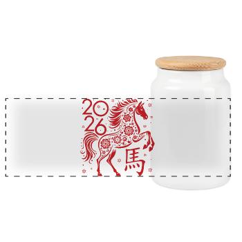 Chinese New year of the Horse 2026 - Panoramic Cookie Jar with Wooden Lid - white - Front