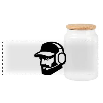 Cool gamer with beard and headphones - portrait - Panoramic Cookie Jar with Wooden Lid - white - Front