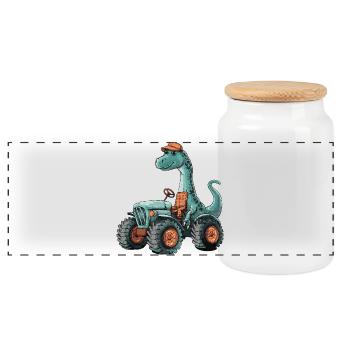 Dinosaur Brontosaurus Tractor Farmer - Panoramic Cookie Jar with Wooden Lid - white - Front