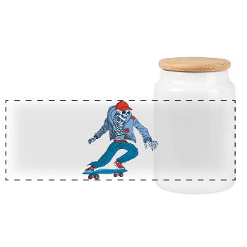 Skelett auf Skateboard - Panorama Keksdose mit Holzdeckel - Weiß - Vorne