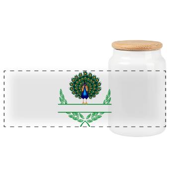 Peacock Laurel Wreath with Namespace - Panoramic Cookie Jar with Wooden Lid - white - Front