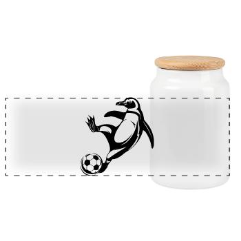 Penguin Soccer Player Silhouette Soccer Goal Kick - Panoramic Cookie Jar with Wooden Lid - white - Front