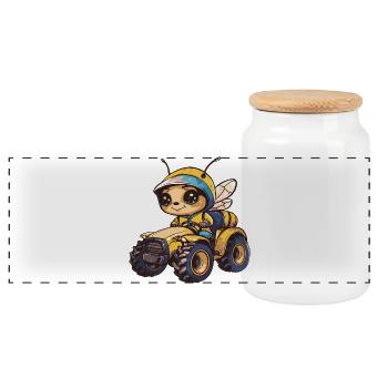 Bee Tractor Farmer - Panoramic Cookie Jar with Wooden Lid - white - Front