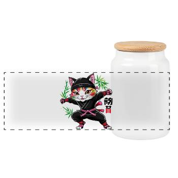 Chat Ninja Kawaii japonais - Boîte à biscuits avec couvercle en bois - blanc - Devant