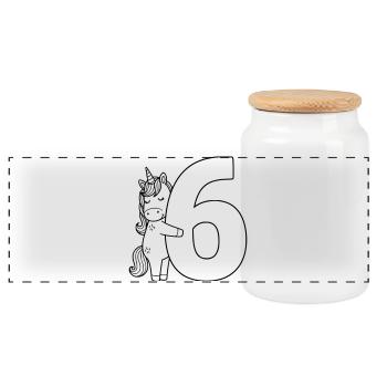 Licorne avec illustration de dessin animé numéro 6 - Boîte à biscuits avec couvercle en bois - blanc - Devant