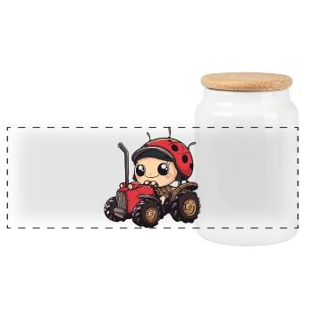 Ladybug Tractor Farmer - Panoramic Cookie Jar with Wooden Lid - white - Front