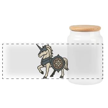 Armored Knight Unicorn with Shield and Crest - Panoramic Cookie Jar with Wooden Lid - white - Front
