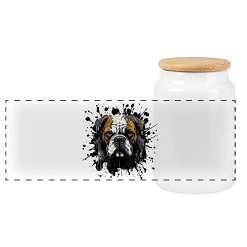Splatter Bulldogge Kopf Portrait - Panorama Keksdose mit Holzdeckel - Weiß - Vorne
