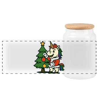 Santa Unicorn Decorating Christmas Tree Art - Panoramic Cookie Jar with Wooden Lid - white - Front