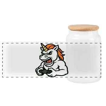 Raging Unicorn Gamer Mascot with Controller - Panoramic Cookie Jar with Wooden Lid - white - Front