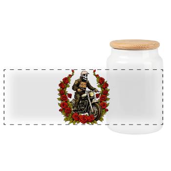 Motorcyclist Skeleton Roses - Panoramic Cookie Jar with Wooden Lid - white - Front
