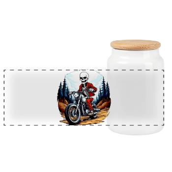 Skeleton Motorcyclist - Panoramic Cookie Jar with Wooden Lid - white - Front