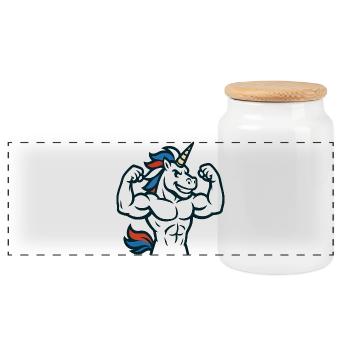 Muscle Unicorn Gym Maskottchen Power Flex Design - Panorama Keksdose mit Holzdeckel - Weiß - Vorne