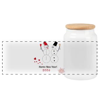 New Year's Snowmen 2026 - Panoramic Cookie Jar with Wooden Lid - white - Front
