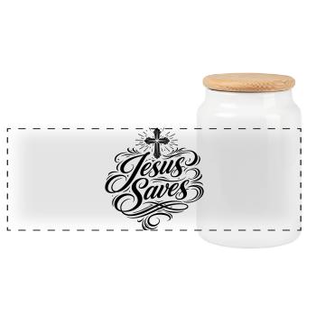 Jesus Saves Christian Saying - Panoramic Cookie Jar with Wooden Lid - white - Front
