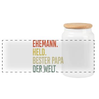 Held Papa Bester Ehemann - Panorama Keksdose mit Holzdeckel - Weiß - Vorne