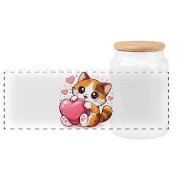 Cuddly Kawaii Cats with Heart – Cute Cats - Panoramic Cookie Jar with Wooden Lid - white - Front