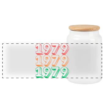 Neon Retro 1979 Jahresdesign - Panorama Keksdose mit Holzdeckel - Weiß - Vorne