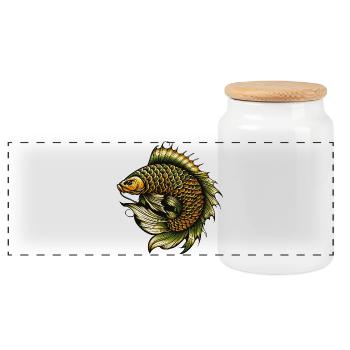Karpfen Fisch Tattoo look Fantasie Buttje Schuppen - Panorama Keksdose mit Holzdeckel - Weiß - Vorne