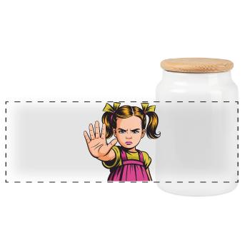 Arrêtez ! Dessin animé de la Fille en colère - Boîte à biscuits avec couvercle en bois - blanc - Devant