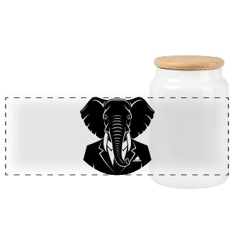 Elephant in Suit – Business Animal Motif - Panoramic Cookie Jar with Wooden Lid - white - Front