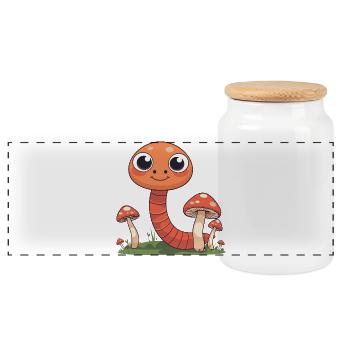 Kawaii mushroom family in the grass - Panoramic Cookie Jar with Wooden Lid - white - Front