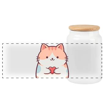 Cuddly Kitten Heart Cartoon Cat - Panoramic Cookie Jar with Wooden Lid - white - Front