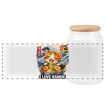 I love Ramen Cat Neko Kawaii Anime - Panoramic Cookie Jar with Wooden Lid - white - Front
