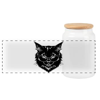 Schwarze Katze mit Brille - Panorama Keksdose mit Holzdeckel - Weiß - Vorne
