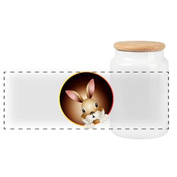 Curious rabbit looks out of the rabbit hole - Panoramic Cookie Jar with Wooden Lid - white - Front