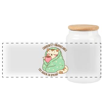 Kätzchen in einer Decke mit einer Tasse Kakao - Panorama Keksdose mit Holzdeckel - Weiß - Vorne