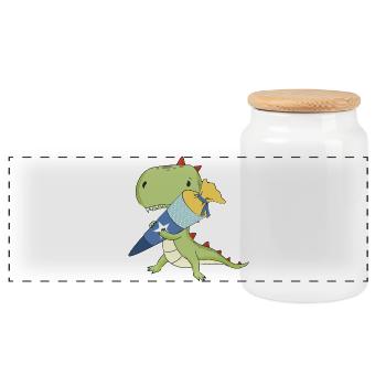 Dino avec cône d’école - Boîte à biscuits avec couvercle en bois - blanc - Devant