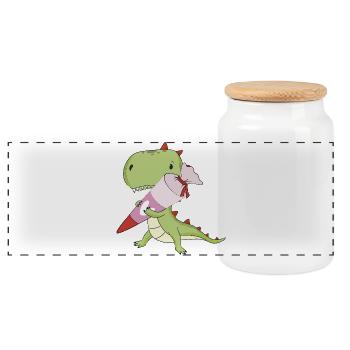 DINO with pink school cone, school - Panoramic Cookie Jar with Wooden Lid - white - Front