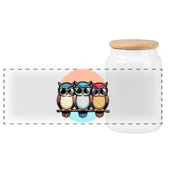 Drei coole Eulen mit Sonnenbrille bunt Eulen Motiv - Panorama Keksdose mit Holzdeckel - Weiß - Vorne