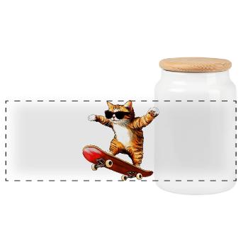 Katzen Skateboard - Panorama Keksdose mit Holzdeckel - Weiß - Vorne