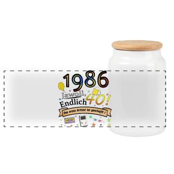 1986 Jawoll! Endlich 40 Geburtstag - Panorama Keksdose mit Holzdeckel - Weiß - Vorne