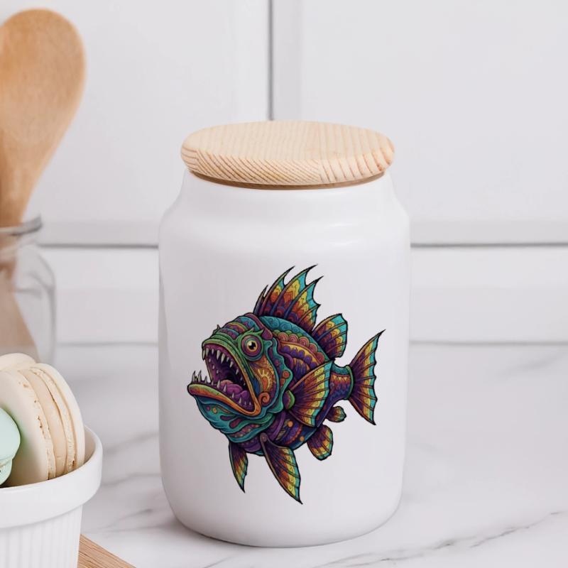 Rainbow Fish with Pattern Panoramic Cookie Jar with Wooden Lid