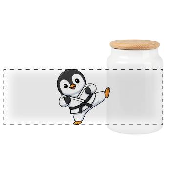 Cute Penguin Karate Martial Artist Cartoon Chibi - Panoramic Cookie Jar with Wooden Lid - white - Front