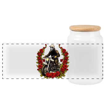 Motorcycle Skeleton Roses - Panoramic Cookie Jar with Wooden Lid - white - Front