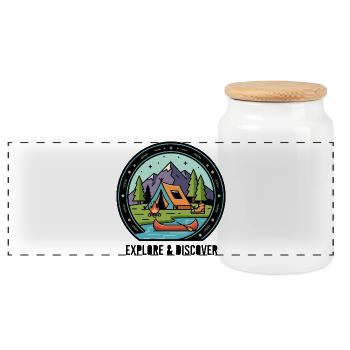Camping by the lake Nature Wilderness Adventure Camping Logo - Panoramic Cookie Jar with Wooden Lid - white - Front