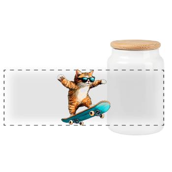 Katze Skater - Panorama Keksdose mit Holzdeckel - Weiß - Vorne