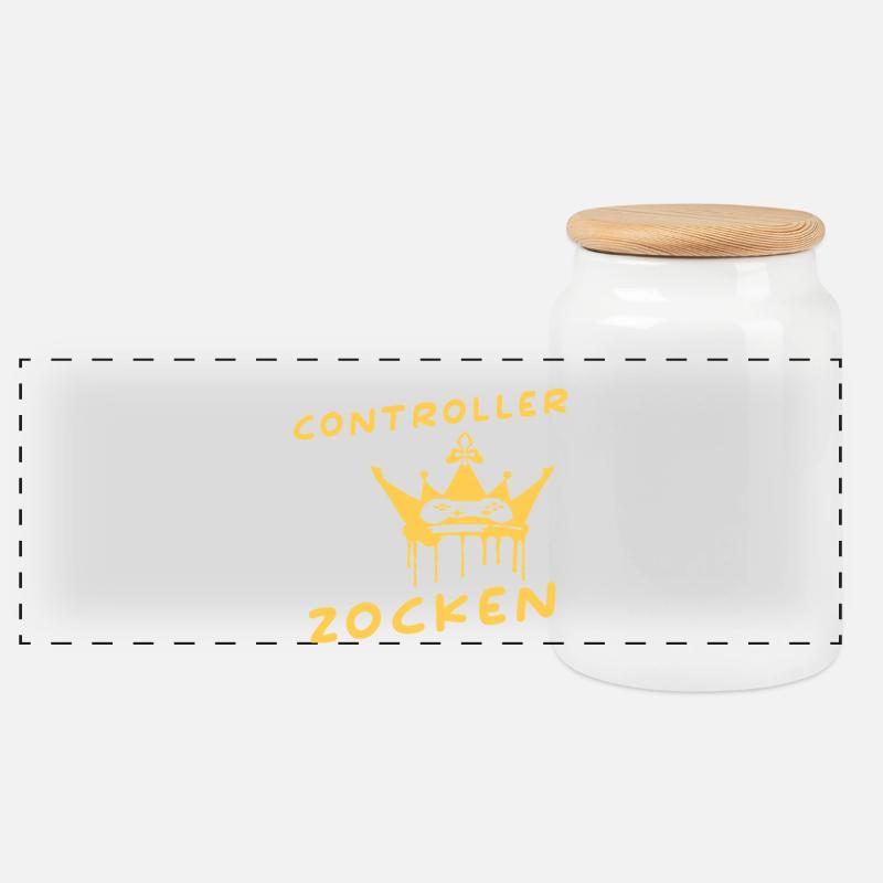 Hands me the controller the king wants to gamble - Panoramic Cookie Jar with Wooden Lid - white