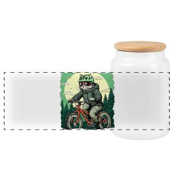 Katzen Bikerin / Velo Kätzchen - Panorama Keksdose mit Holzdeckel - Weiß - Vorne