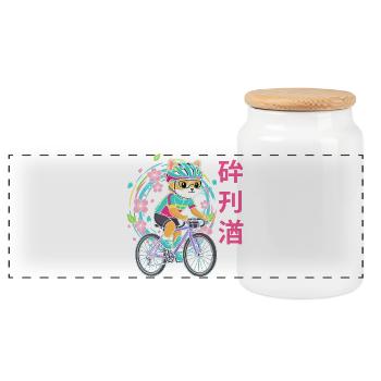 Neon Cat Cyclist With Blossoms - Panoramic Cookie Jar with Wooden Lid - white - Front