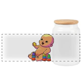 Buntes Baby mit Bechern - Panorama Keksdose mit Holzdeckel - Weiß - Vorne