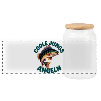 Cool Guys Fishing Fish Motif - Panoramic Cookie Jar with Wooden Lid - white - Front