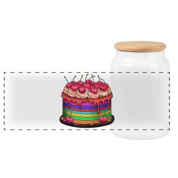 Regenbogenkuchen mit Kirschen - Panorama Keksdose mit Holzdeckel - Weiß - Vorne