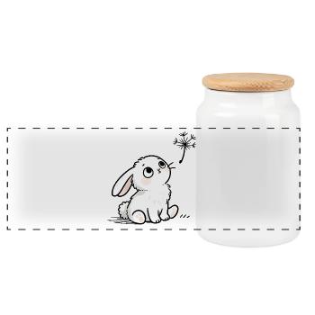 Weißer Hase mit verträumten Augen und Löwenzahn - Panorama Keksdose mit Holzdeckel - Weiß - Vorne
