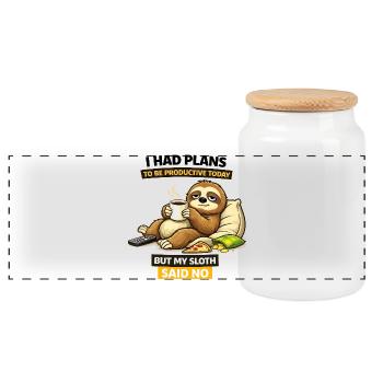 Produktive Faultier-Kaffeepause - Panorama Keksdose mit Holzdeckel - Weiß - Vorne